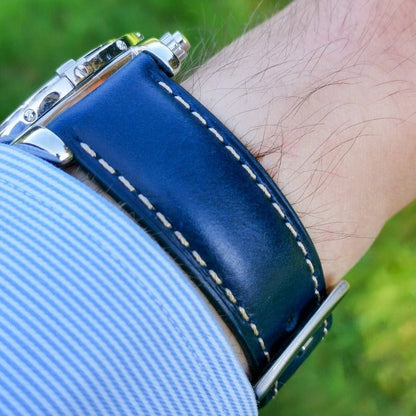 Wrist shot of the Oxford blue leather watch strap. Best leather watch band.