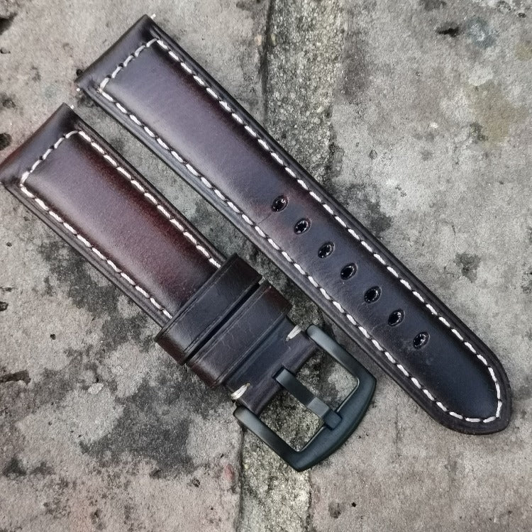 Berlin chocolate brown leather watch strap. Padded with contrast ivory stitching and a black 316L stainless steel buckle.