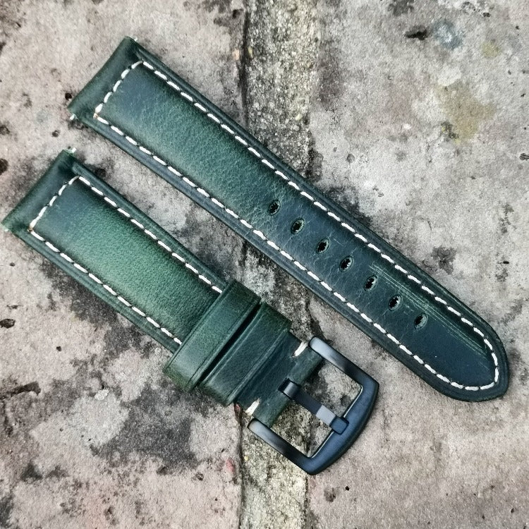 Berlin green leather watch strap with a PVD black stainless steel buckle. Contrast ivory stitching. Watch And Strap.