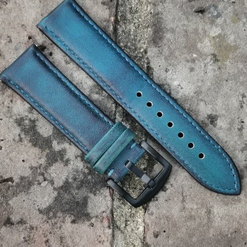 The Milan: Matured Blue Padded Leather Watch Strap - watchandstrapco
