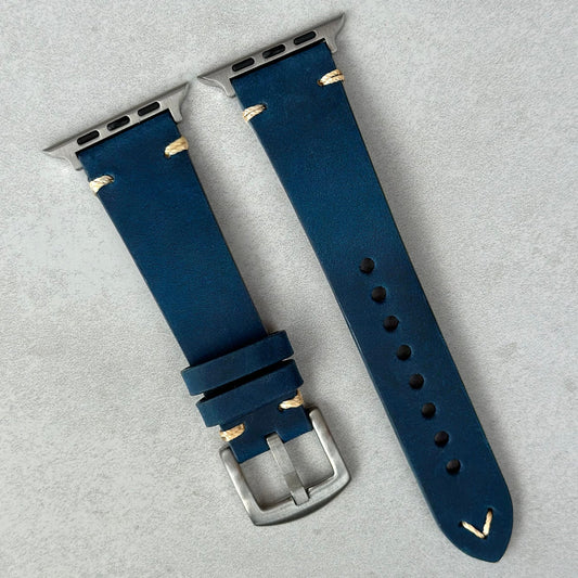 Midnight blue full grain leather Apple Watch strap. Apple Watch Series 3, 4, 5, 6, 7, 8, 9, SE and Ultra. Watch And Strap