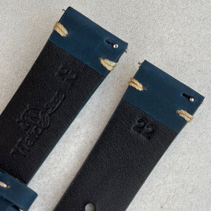 Quick release pins on the Madrid midnight blue full grain leather watch strap. Watch And Strap logo.