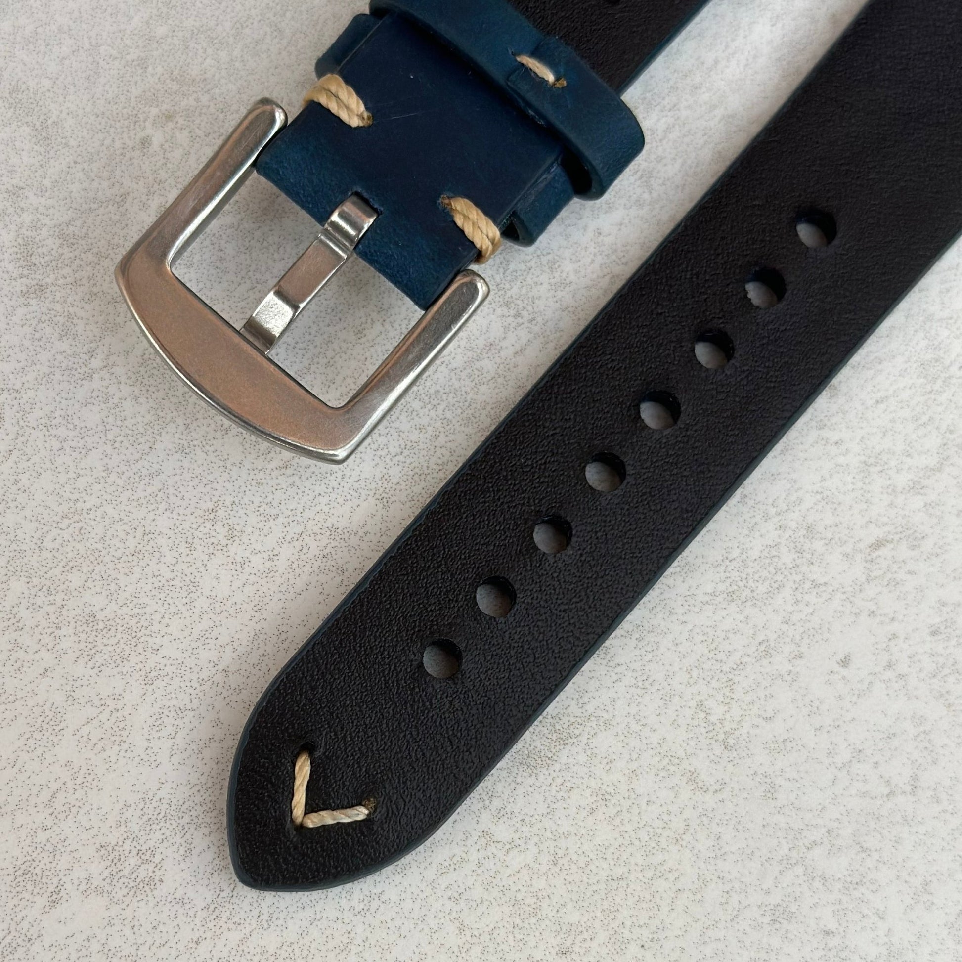 Rear of the buckle on the Madrid blue full grain leather watch strap. 316L stainless steel buckle.