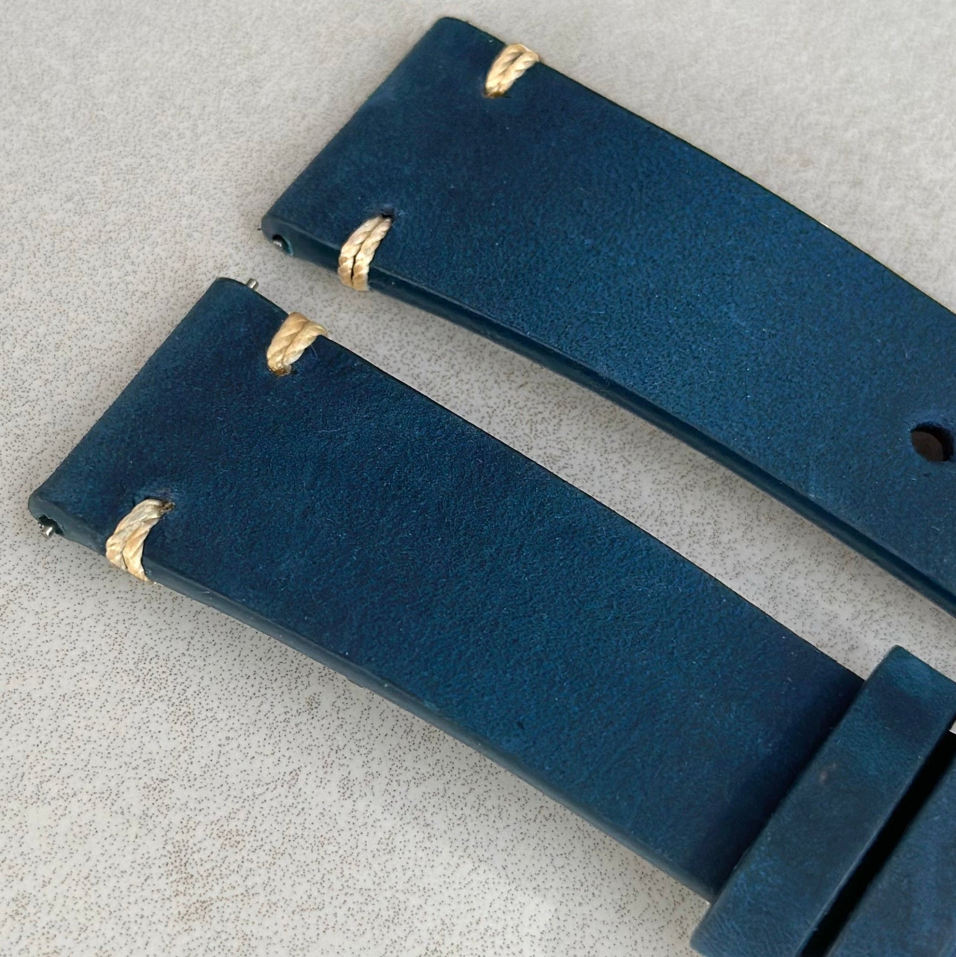 Top of the Madrid midnight blue full grain leather watch strap. Watch And Strap.