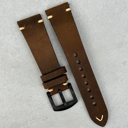 Chocolate brown full grain leather watch strap. PVD black buckle. 18mm, 20mm, 22mm, 24mm. Watch And Strap