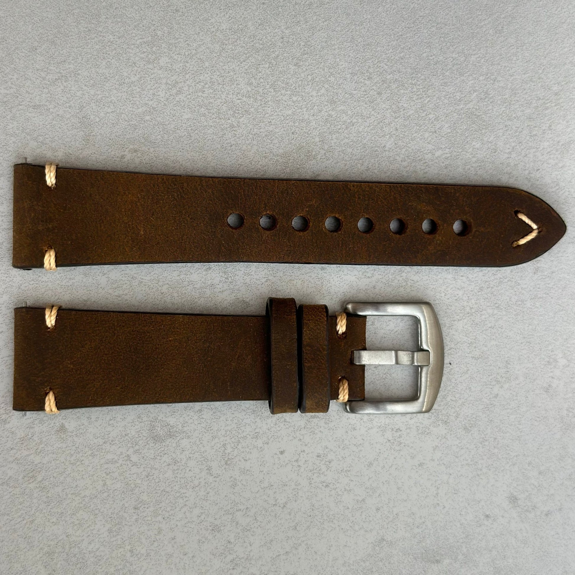 Madrid chocolate brown horse leather watch strap. Contrast ivory stitching. 316L stainless steel buckle. Watch And Strap