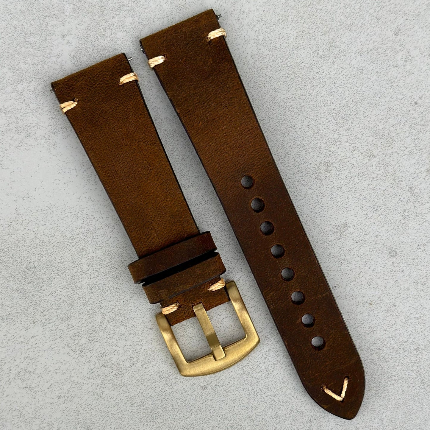 Chocolate brown full grain leather watch strap. PVD gold buckle. 18mm, 20mm, 22mm, 24mm. Watch And Strap