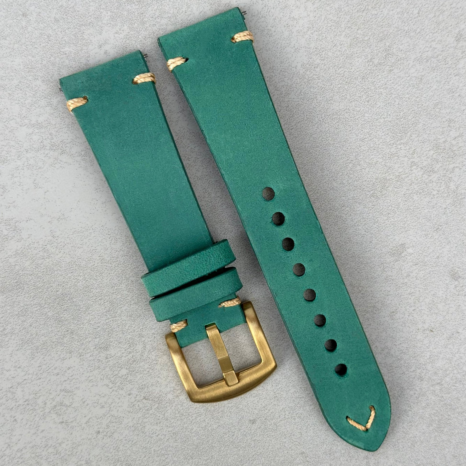 Light Blue Full Grain Horse Leather Watch Strap. Contrast ivory stitching. PVD gold. 18mm, 20mm, 22mm, 24mm. Watch And Strap