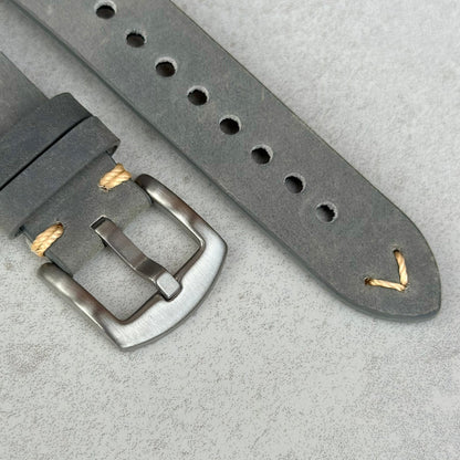Brushed 316L stainless steel buckle on the Madrid grey full grain leather watch strap. Watch And Strap