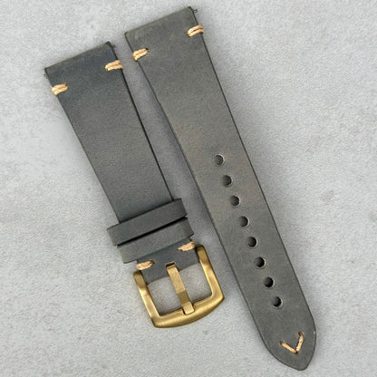 Madrid grey horse leather watch strap. Brushed PVD gold stainless steel buckle. 18mm, 20mm, 22mm, 24mm. Watch And Strap