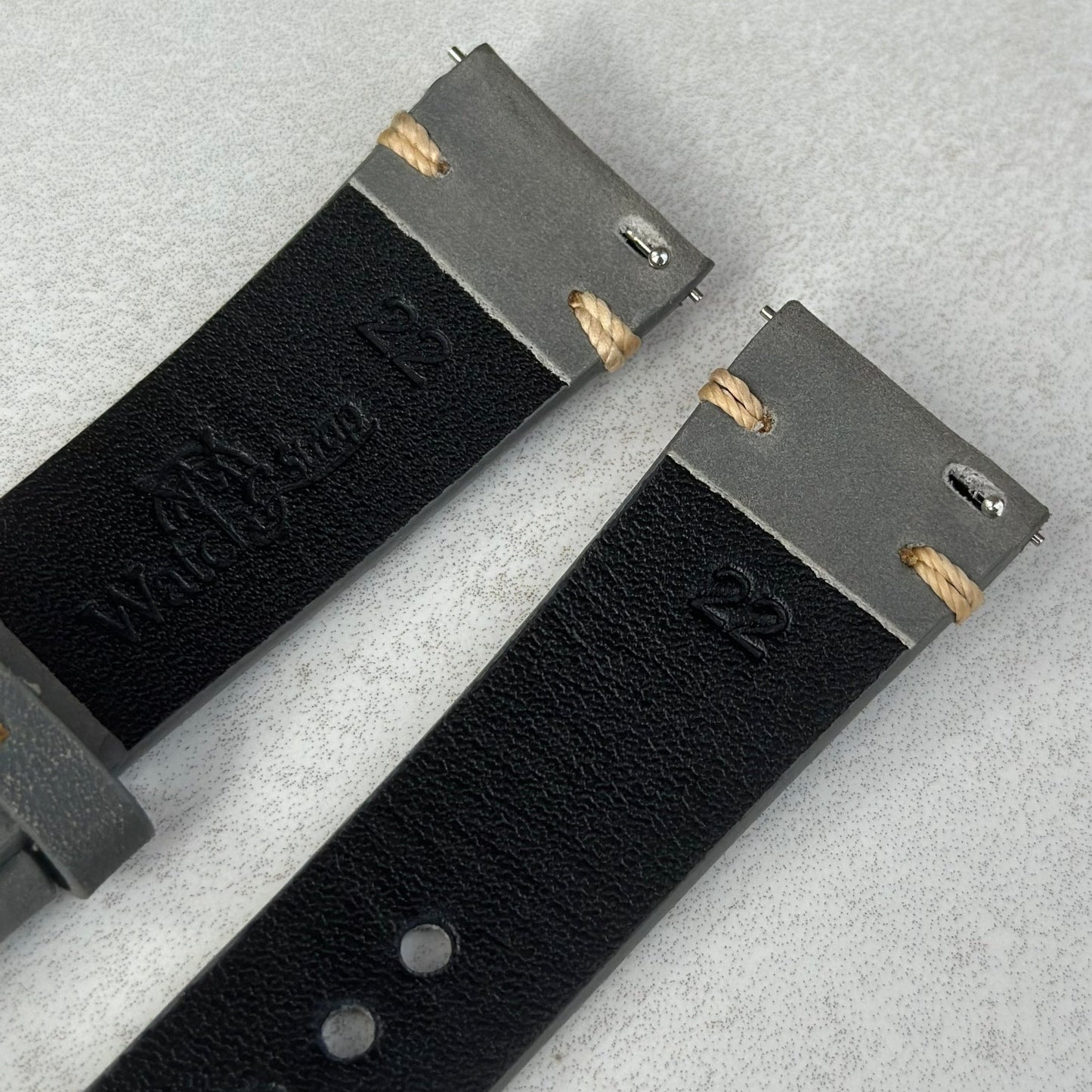 Quick release pins on the Madrid horse leather watch strap. Making it easy to switch between watch straps.