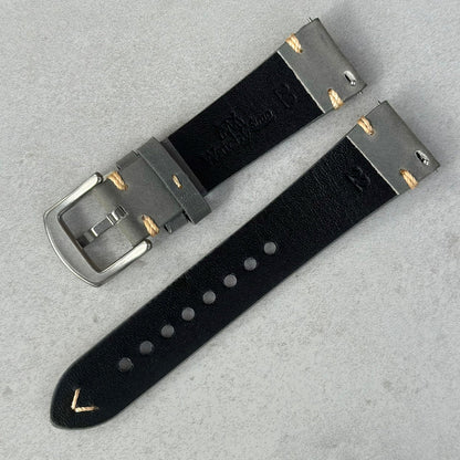 Rear of the Madrid grey full grain leather watch strap. Quick release pins. Watch And Strap logo.