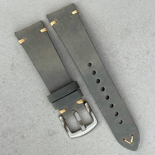 Madrid grey full grain leather watch strap. Contrast ivory stitching. Brushed 316L stainless steel buckle. Watch And Strap