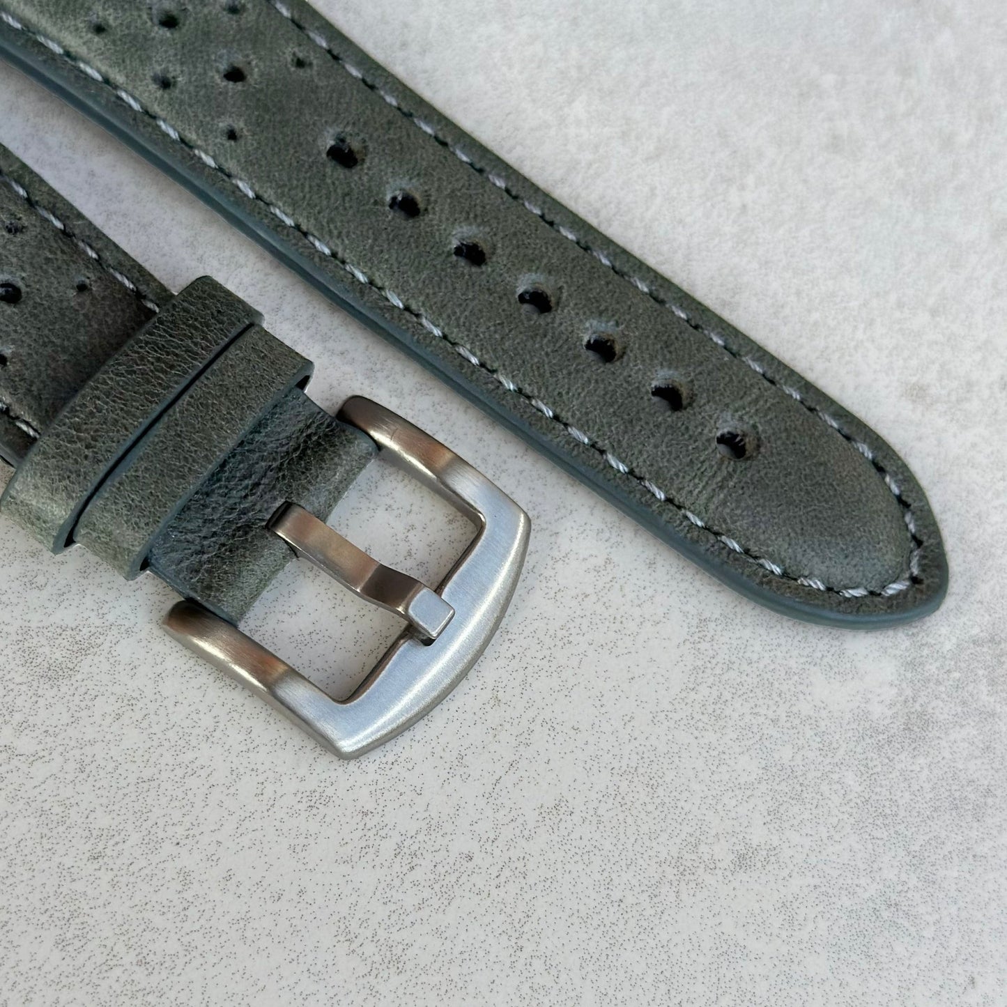 Brushed 316L stainless steel buckle on the Montecarlo grey perforated leather watch strap. Watch And Strap