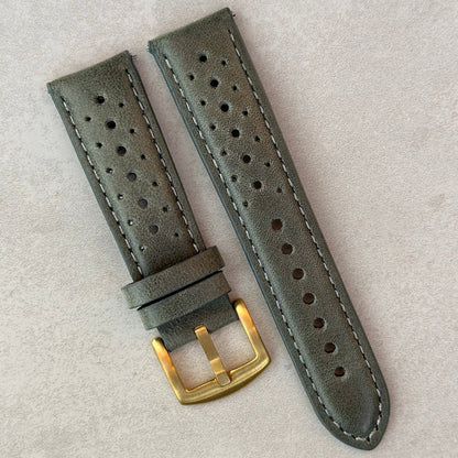 Montecarlo grey perforated leather watch strap. PVD gold stainless steel buckle. Watch And Strap