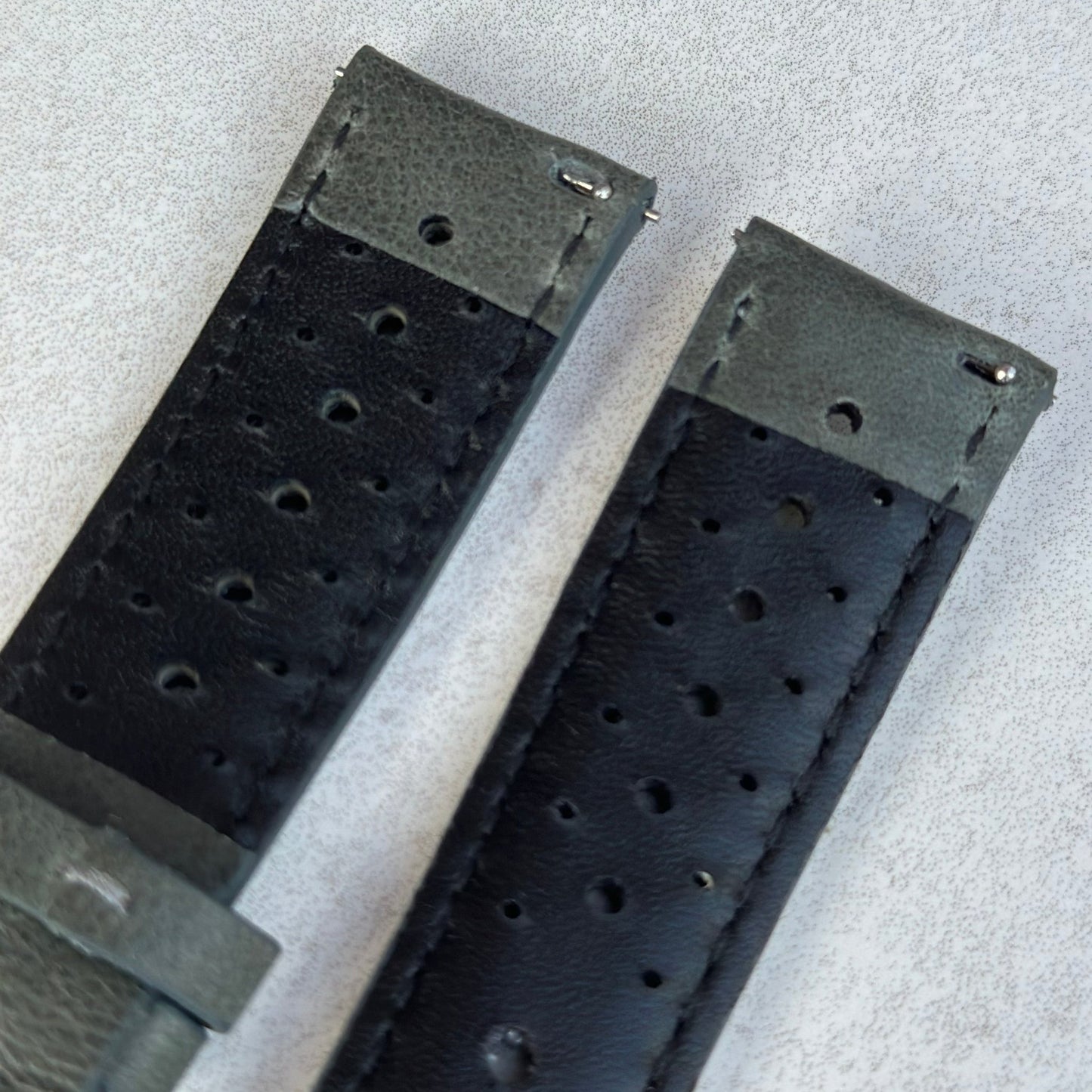 Quick release pins on the Montecarlo grey perforated leather watch strap. Watch And Strap