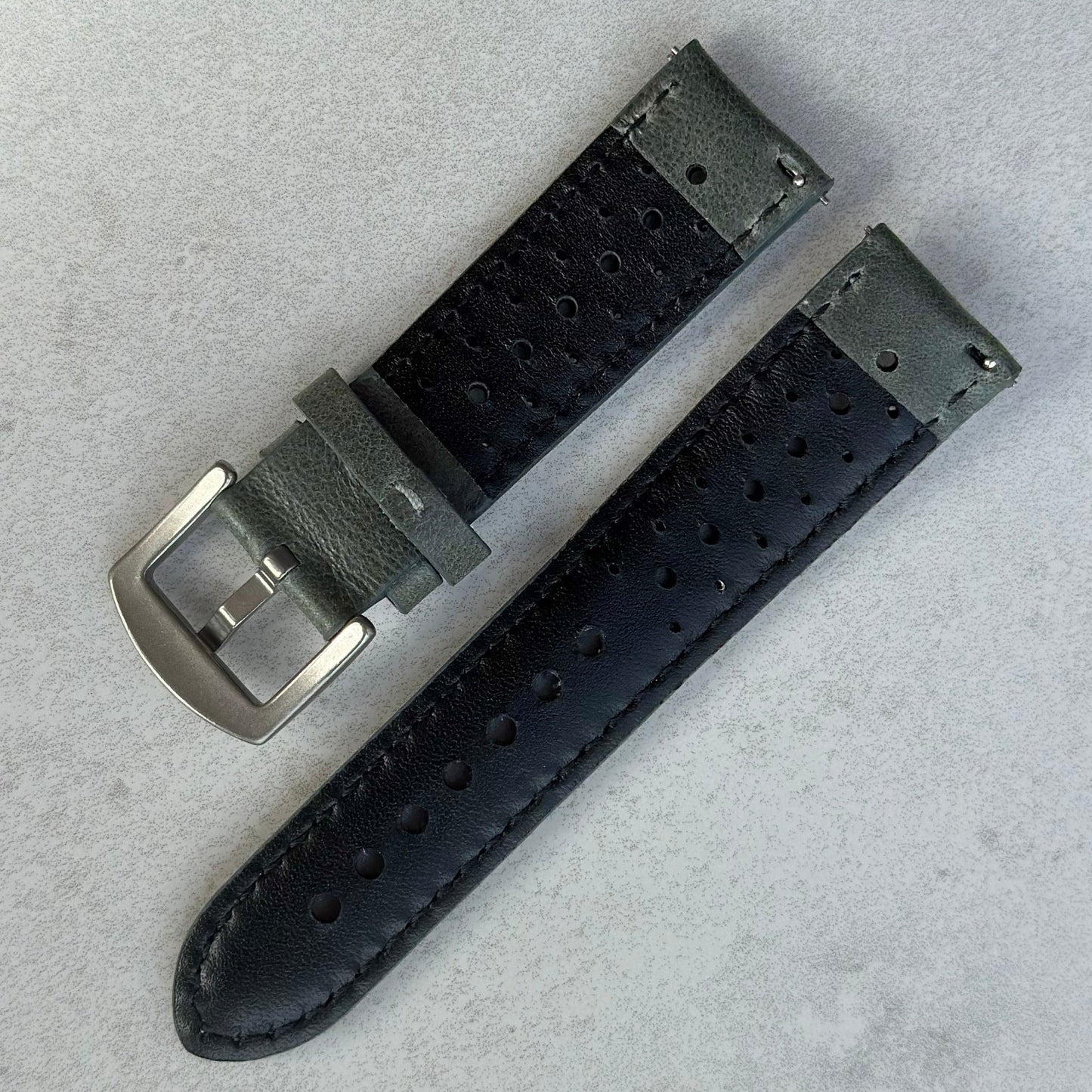 Underside of the Montecarlo grey full grain leather watch strap. Quick release pins. Watch And Strap