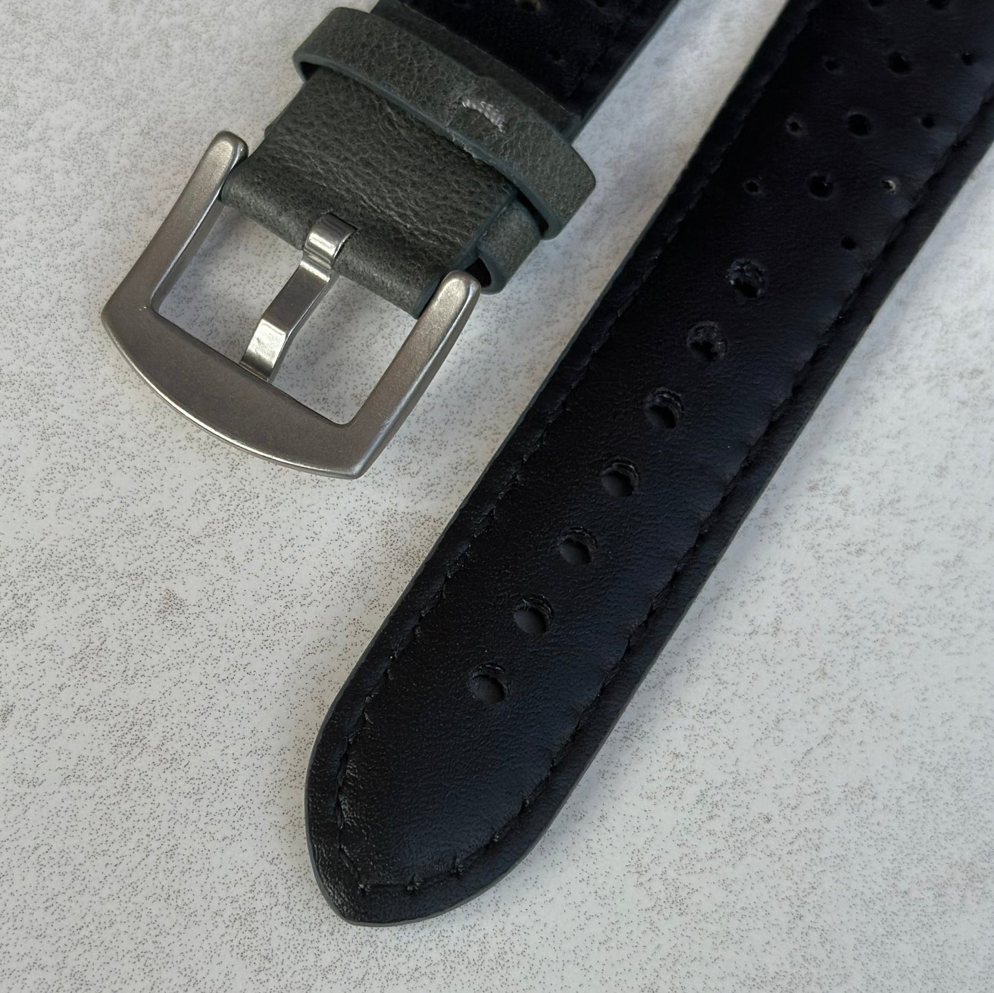 Underside of the Montecarlo grey perforated leather watch strap. Watch And Strap.
