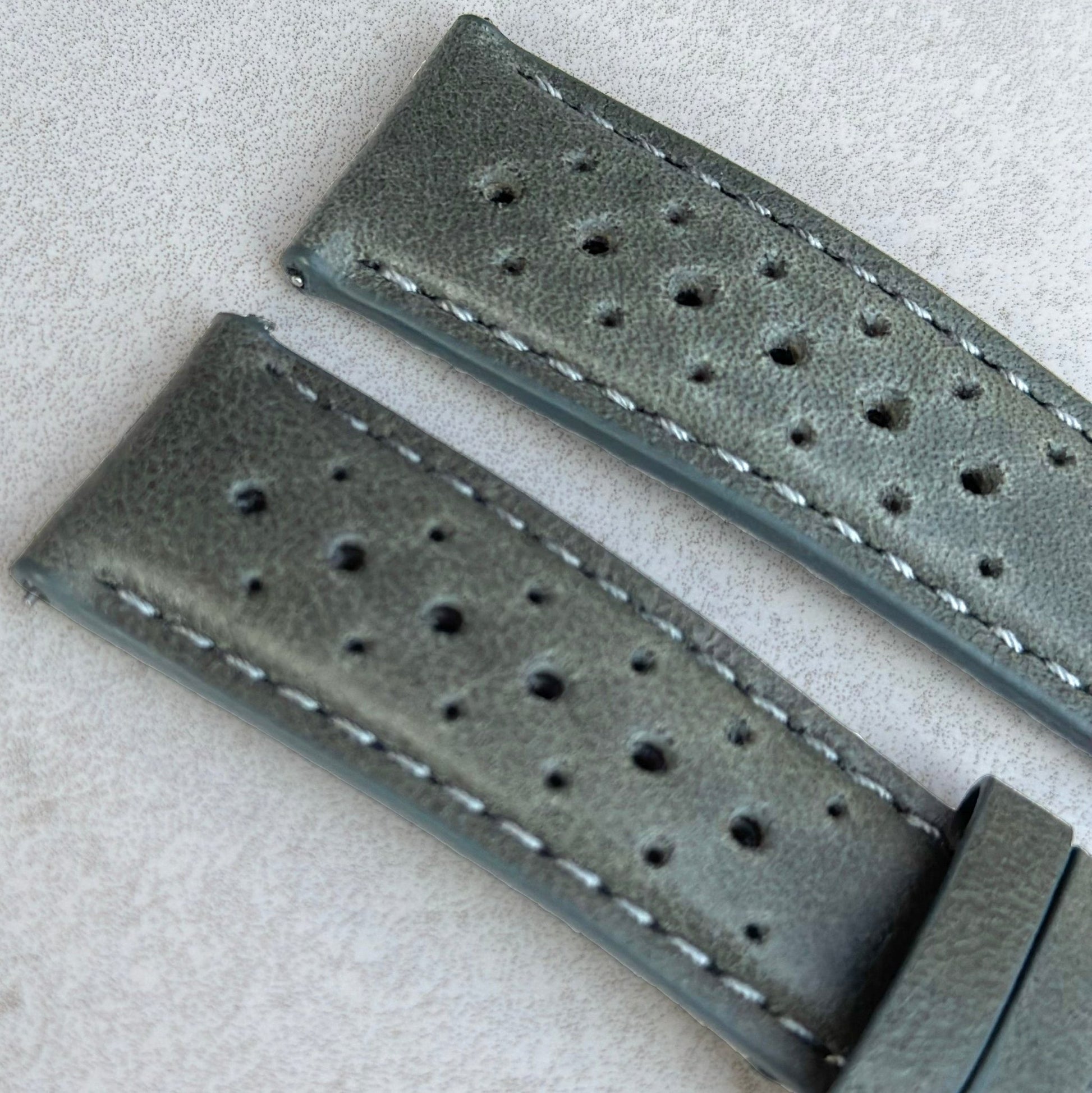 Top of the Montecarlo perforated grey full grain leather watch strap. Watch And Strap. 18mm, 20mm, 22mm, 24mm