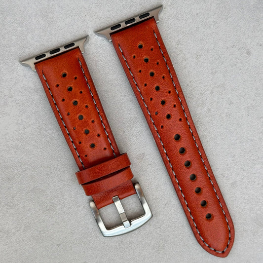 Montecarlo Orange Perforated Leather Racing Apple Watch Strap. Series 3, 4, 5, 6, 7, 8, 9, Ultra, SE. Watch And Strap