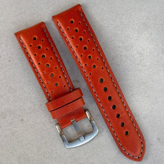 Montecarlo orange perforated full grain leather watch strap. 18mm, 20mm, 22mm, 24mm. Watch And Strap