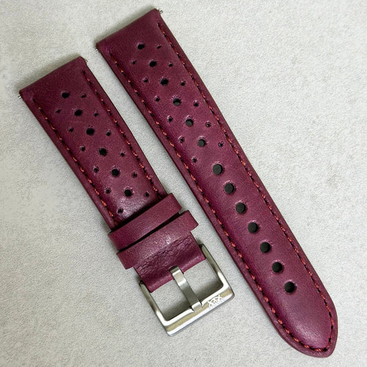 Plum purple perforated leather rally watch strap. 18mm, 20mm, 22mm, 24mm. Watch And Strap