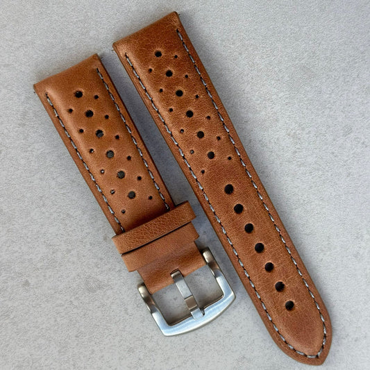 Vintage tan perforated full grain leather watch strap. 18mm, 20mm, 22mm, 24mm. Watch And Strap