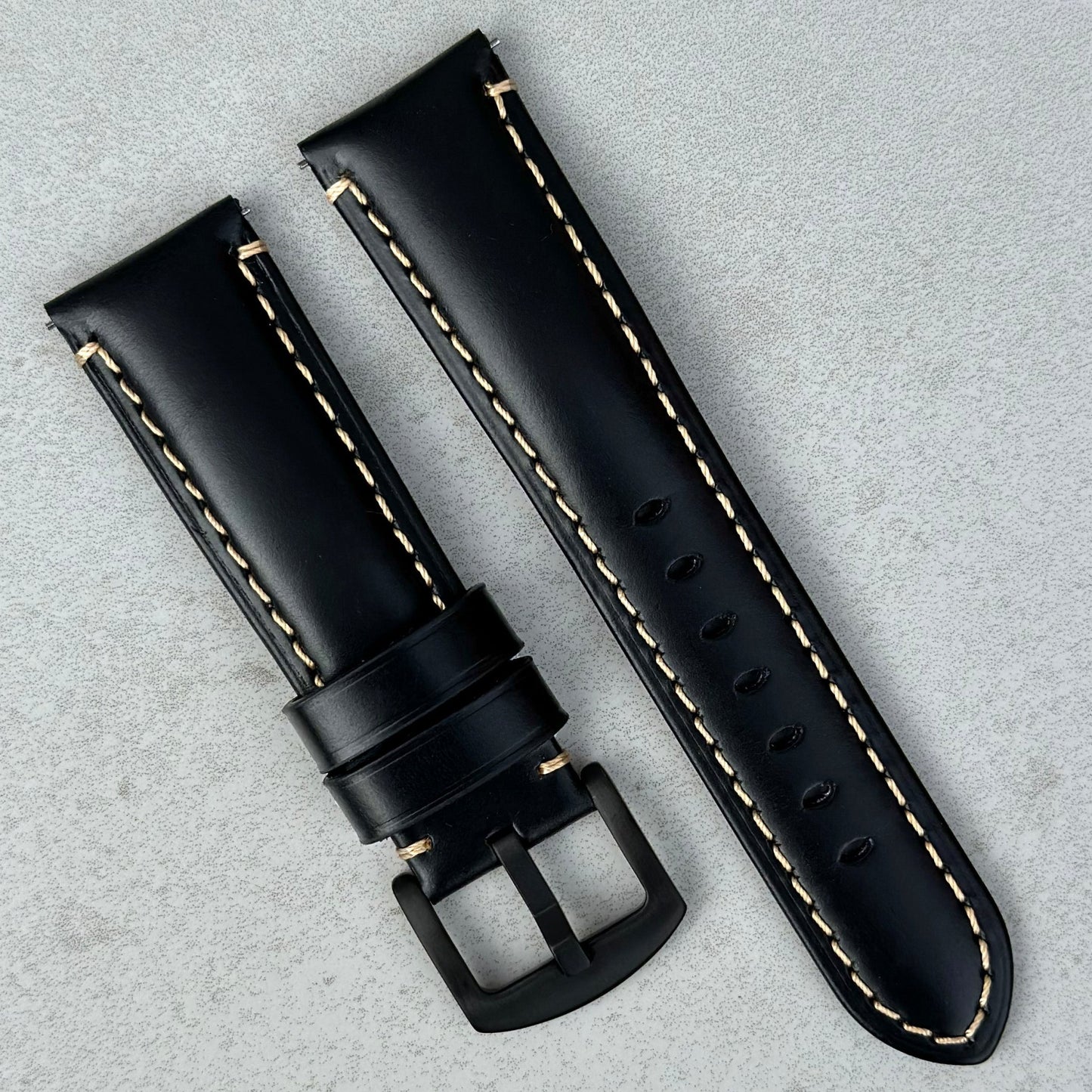 Oslo black full grain leather watch strap with contrast ivory stitching. PVD Black stainless steel buckle. 18mm, 20mm, 22mm