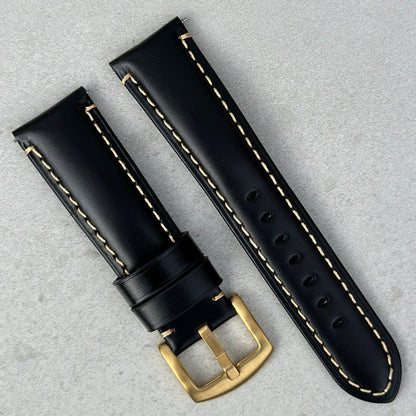 Oslo full grain leather watch strap with contrast ivory stitching and a gold coloured 316L stainless steel buckle.