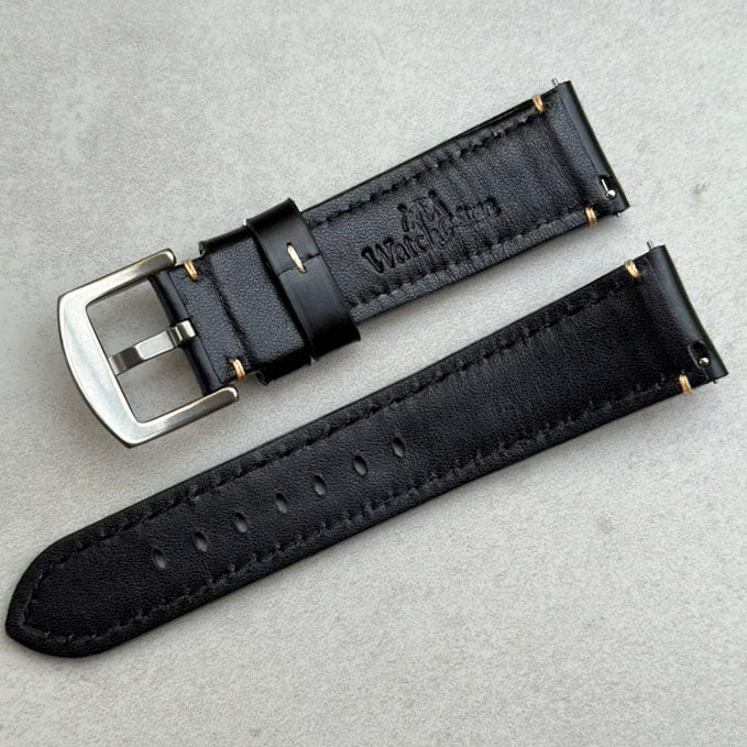 Rear of the Oslo black full grain leather watch strap. Quick release pins. Watch And Strap logo.