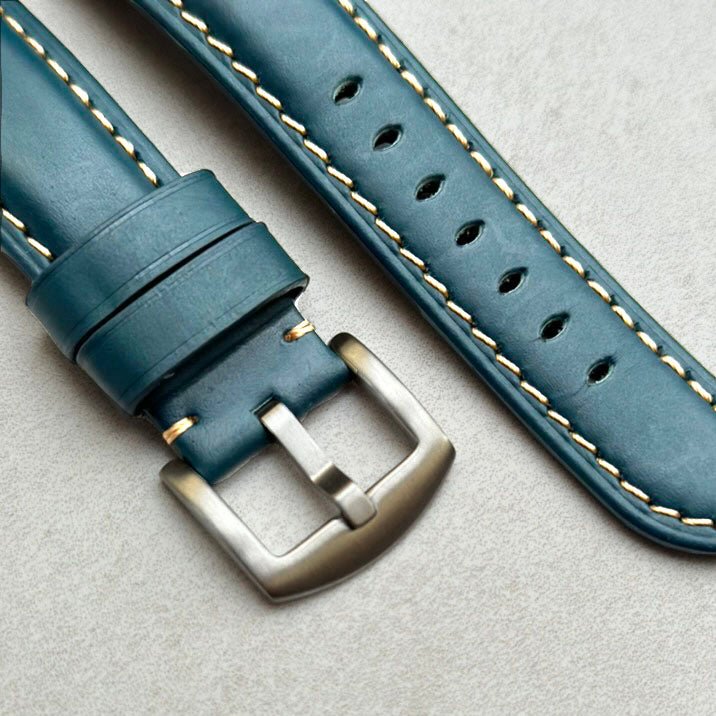 Brushed 316L stainless steel buckle on the Oslo blue full grain leather watch strap. Watch And Strap.