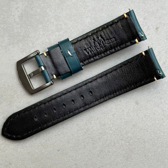 Rear of the Oslo blue full grain leather watch strap. Quick release pins makes it easy to change straps. Watch And Strap logo
