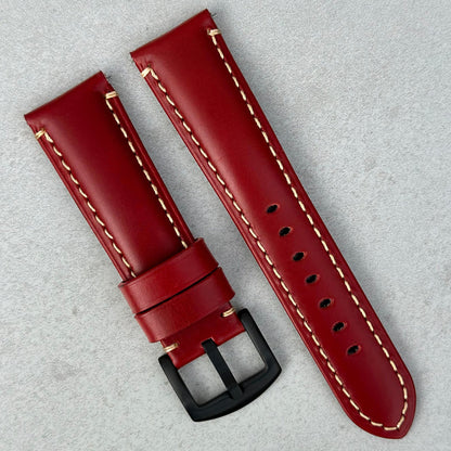 Oslo red full grain leather watch strap. Contrast ivory stitching. PVD black stainless steel buckle. Watch And Strap