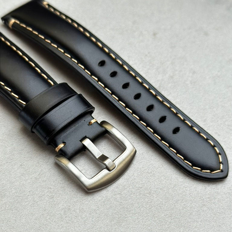 Brushed 316L stainless steel buckle on the Oslo black full grain leather watch strap. Watch And Strap.