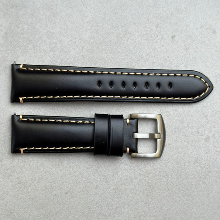 Oslo black full grain leather watch strap. Contrast ivory stitching. Padded strap. 18mm, 20mm, 22mm, 24mm. Watch And Strap