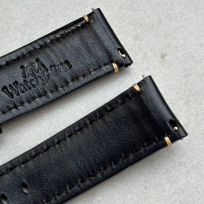 Quick release pins on the Oslo black full grain leather watch strap. Watch And Strap logo.
