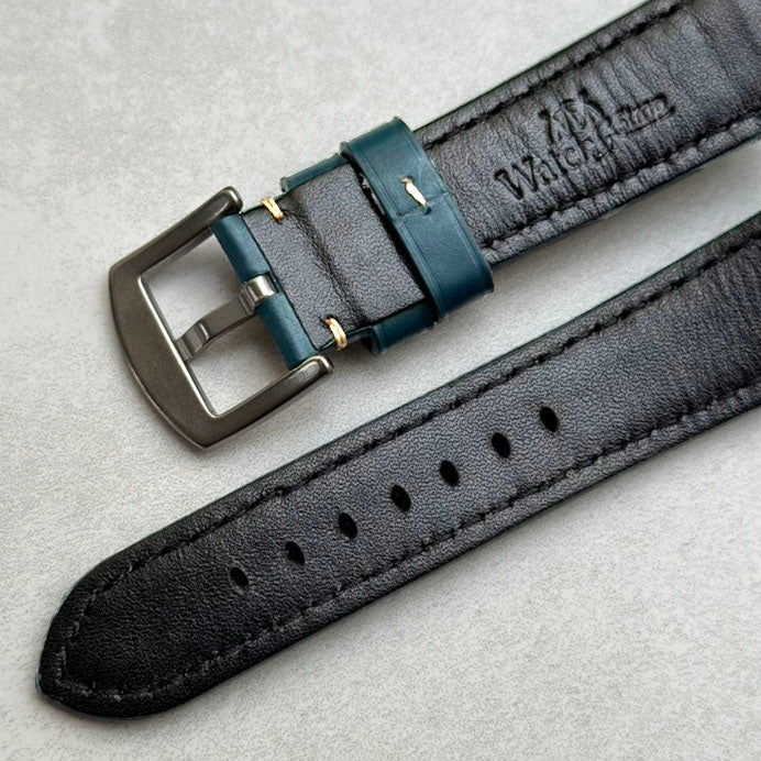 Underside of the Oslo blue full grain leather watch strap. Watch And Strap logo.