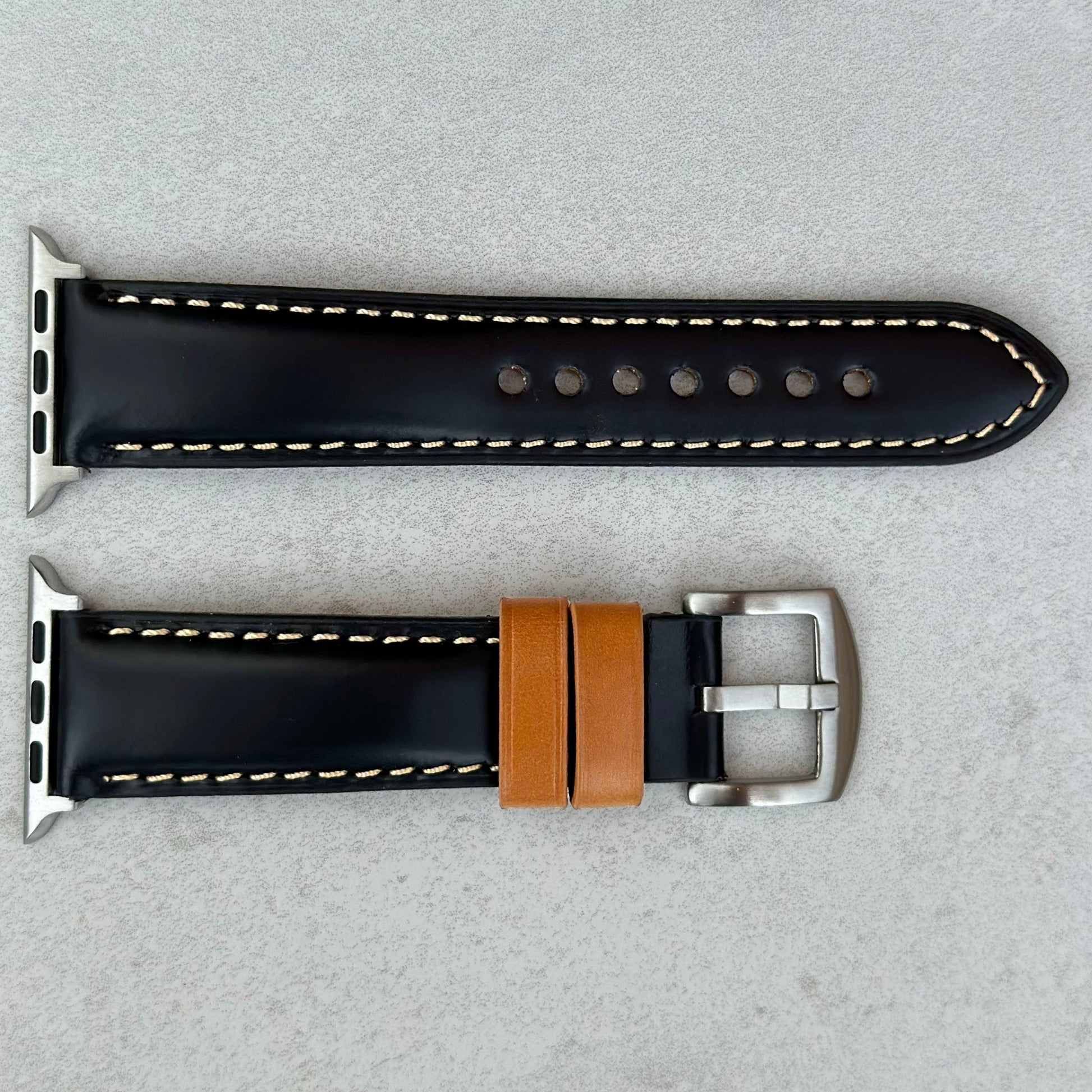 Oxford black full grain leather Apple Watch strap. Apple Watch Series 3, 4, 5, 6, 7, 8, 9, SE and Ultra. Watch And Strap