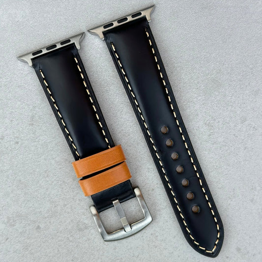 Oxford black full grain leather Apple Watch strap. Apple Watch series 3, 4, 5, 6, 7, 8, 9, SE and Ultra. Watch And Strap