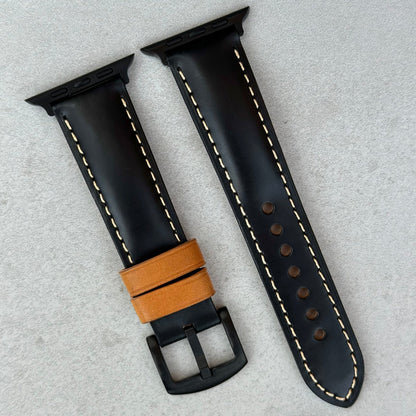 Oxford black full grain leather Apple Watch strap. PVD black hardware. Apple Watch series 3, 4, 5, 6, 7, 8, 9, SE and Ultra.