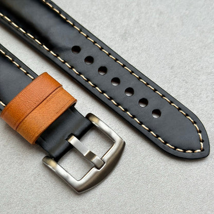 Brushed 316L stainless steel buckle on the Oxford black full grain leather Apple Watch strap. Watch And Strap.