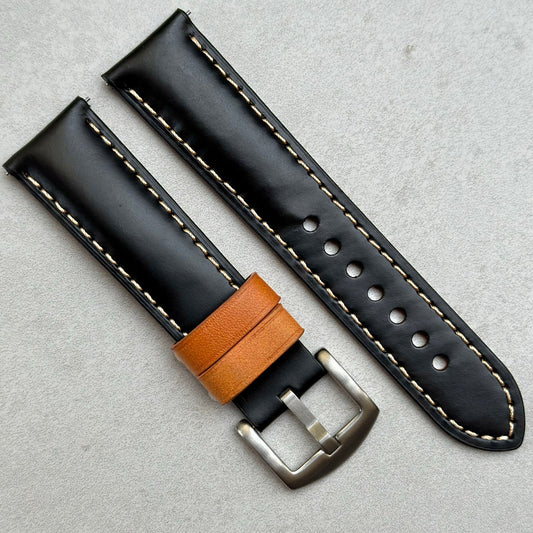 Oxford black full grain leather watch strap. Contrast tan loops. 18mm, 20mm, 22mm, 24mm. Watch And Strap.