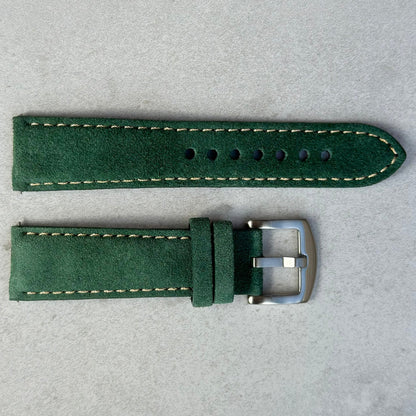 Hunter green suede watch strap. Padded suede strap, contrast ivory stitching. 18mm, 20mm, 22mm, 24mm. Watch And Strap