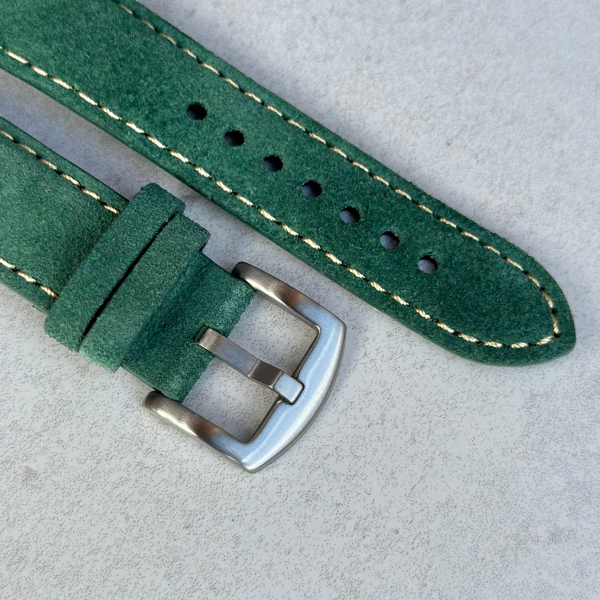 Brushed 316L stainless steel buckle on the Paris hunter green suede watch strap. Watch And Strap