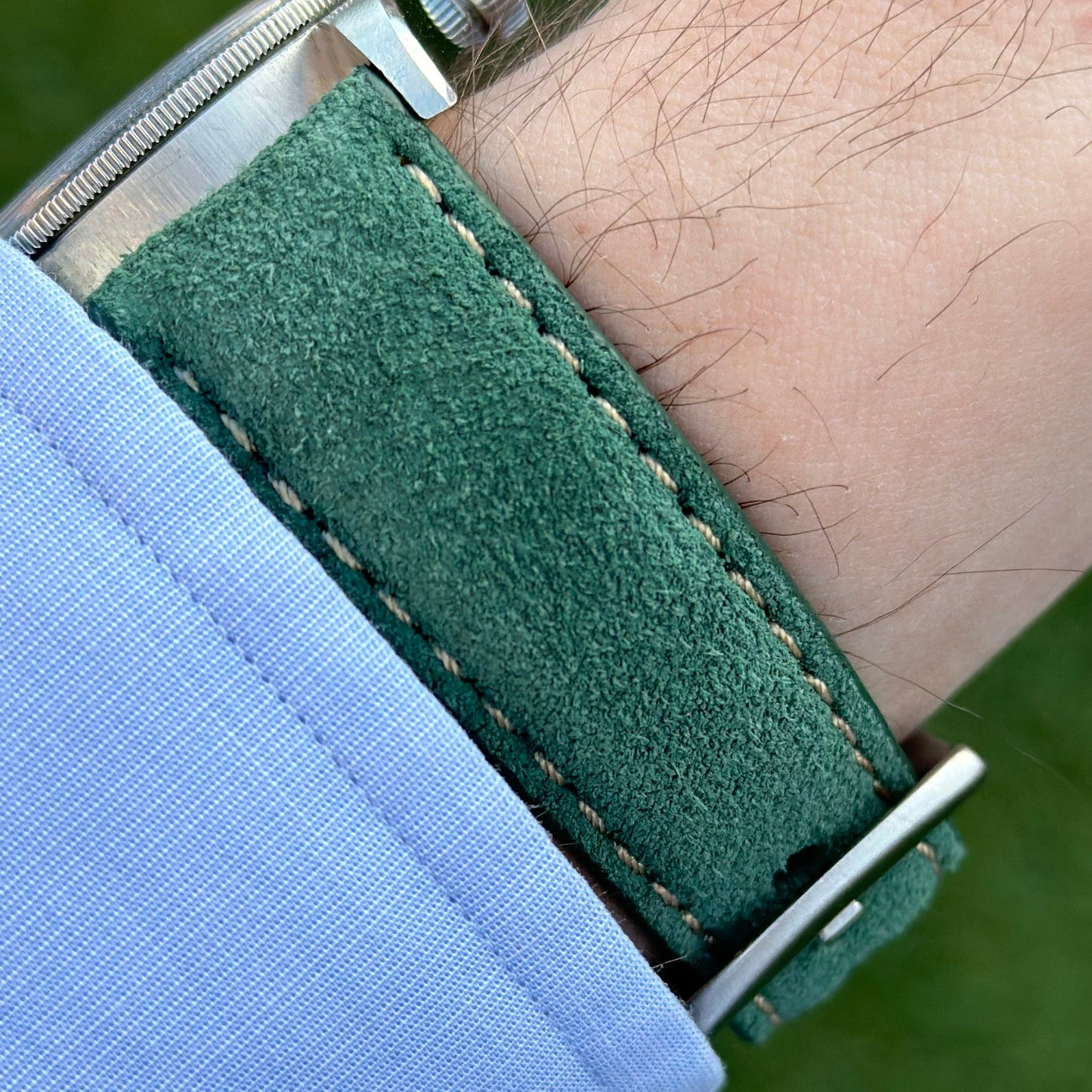 Paris hunter green suede watch strap on the Tudor Blackbay 58. Contrast ivory stitching. Watch And Strap.