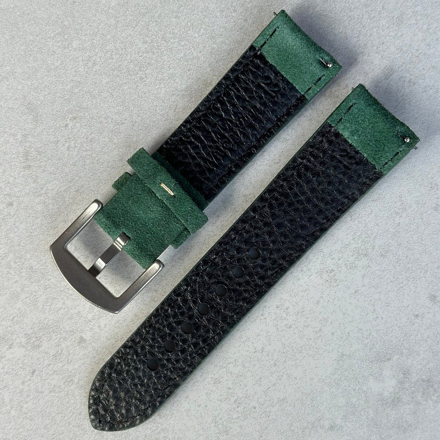 Rear of the Paris hunter green suede watch strap. Quick release pins. Watch And Strap logo.