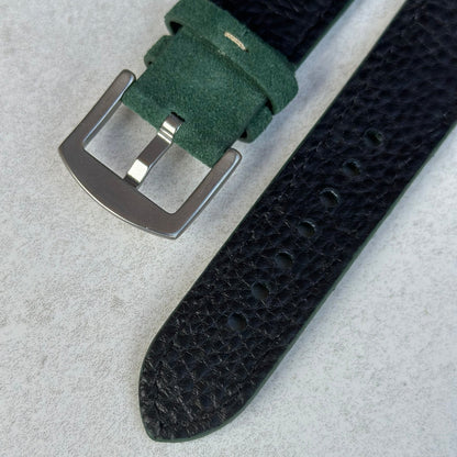 Rear of the stainless steel buckle on the Paris hunter green suede watch strap. Watch And Strap.
