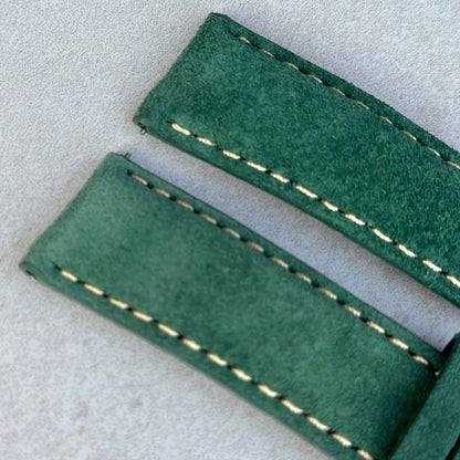 Top of the Paris hunter green suede watch strap. Padded suede watch strap. Ivory stitching. 18mm, 20mm, 22mm, 24mm.