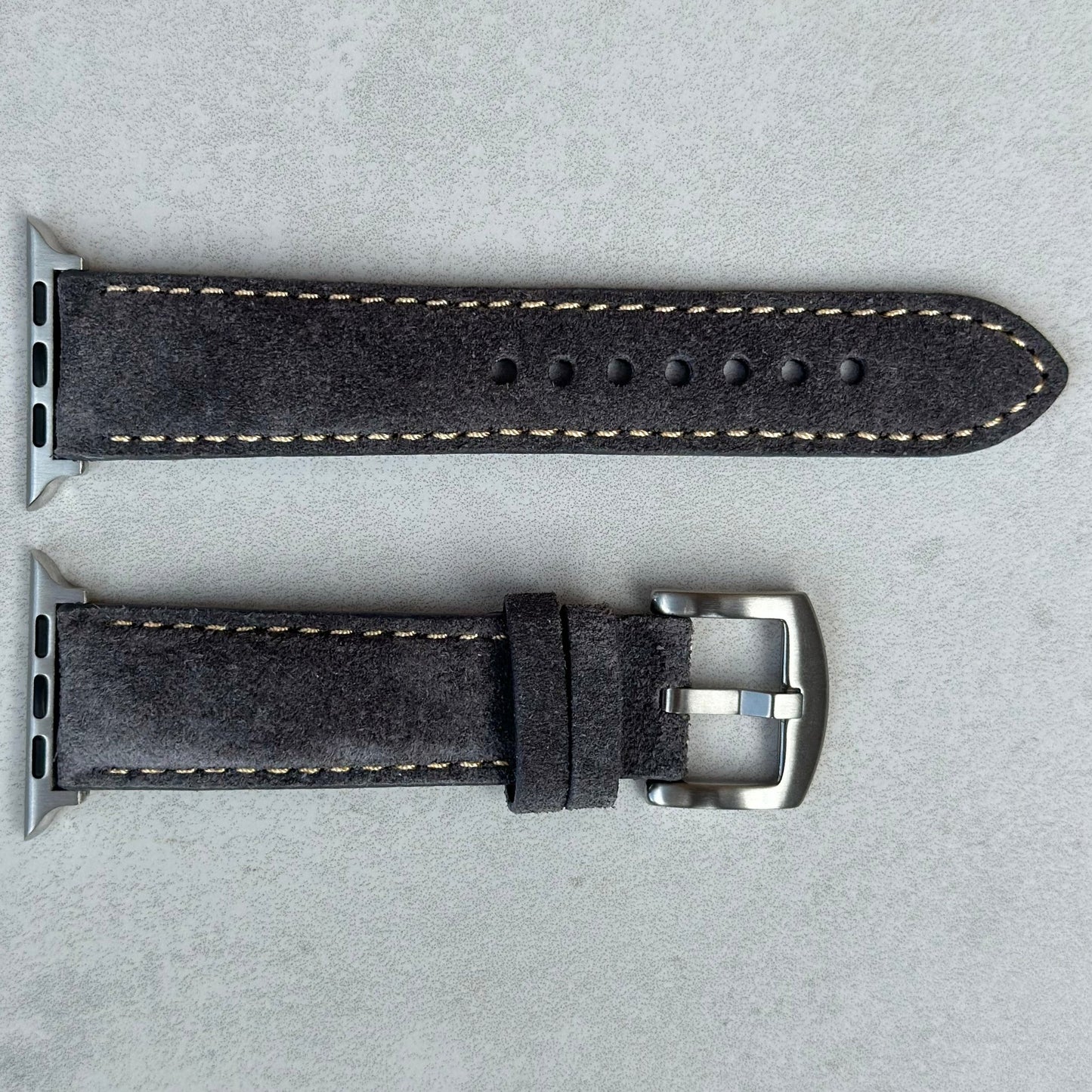 Paris gunmetal grey suede Apple Watch strap. Apple Watch Series 3, 4, 5, 6, 7, 8, 9, SE and Ultra. Watch And Strap