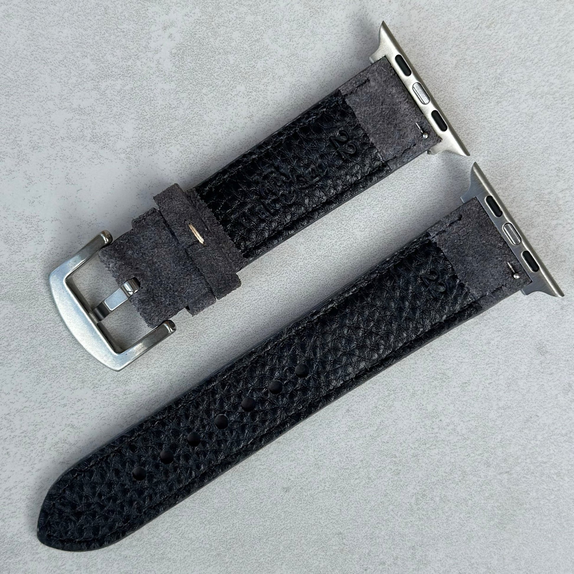 Rear of the Paris gunmetal grey suede watch strap. Black sweat resistant leather. Watch And Strap.